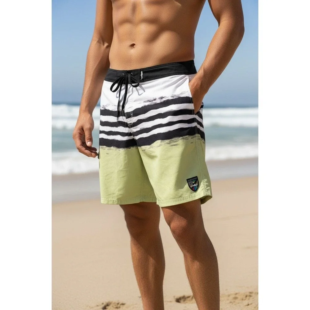 Maui and Sons Mens Board‎ Shorts Size 38 Lime Green Black Striped Swim Trunks XL